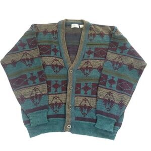 Vtg Sears Aztec Sweater Cardigan L Blue Southwestern Cosby grandpa cobain grunge